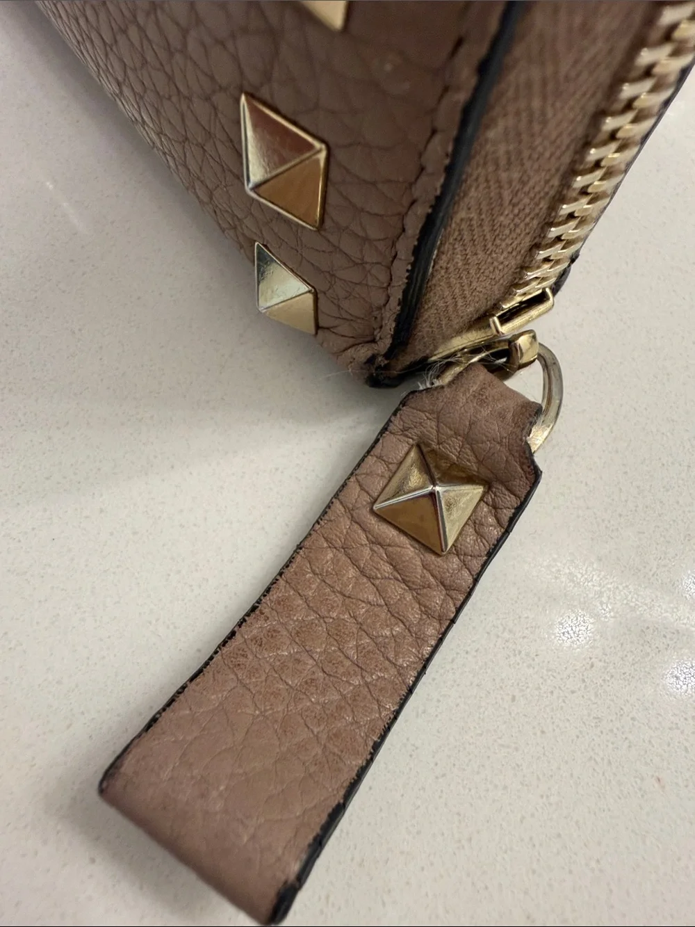 Valentino Garavani Taupe Pebbled Leather Zip Wallet with Gold Studs